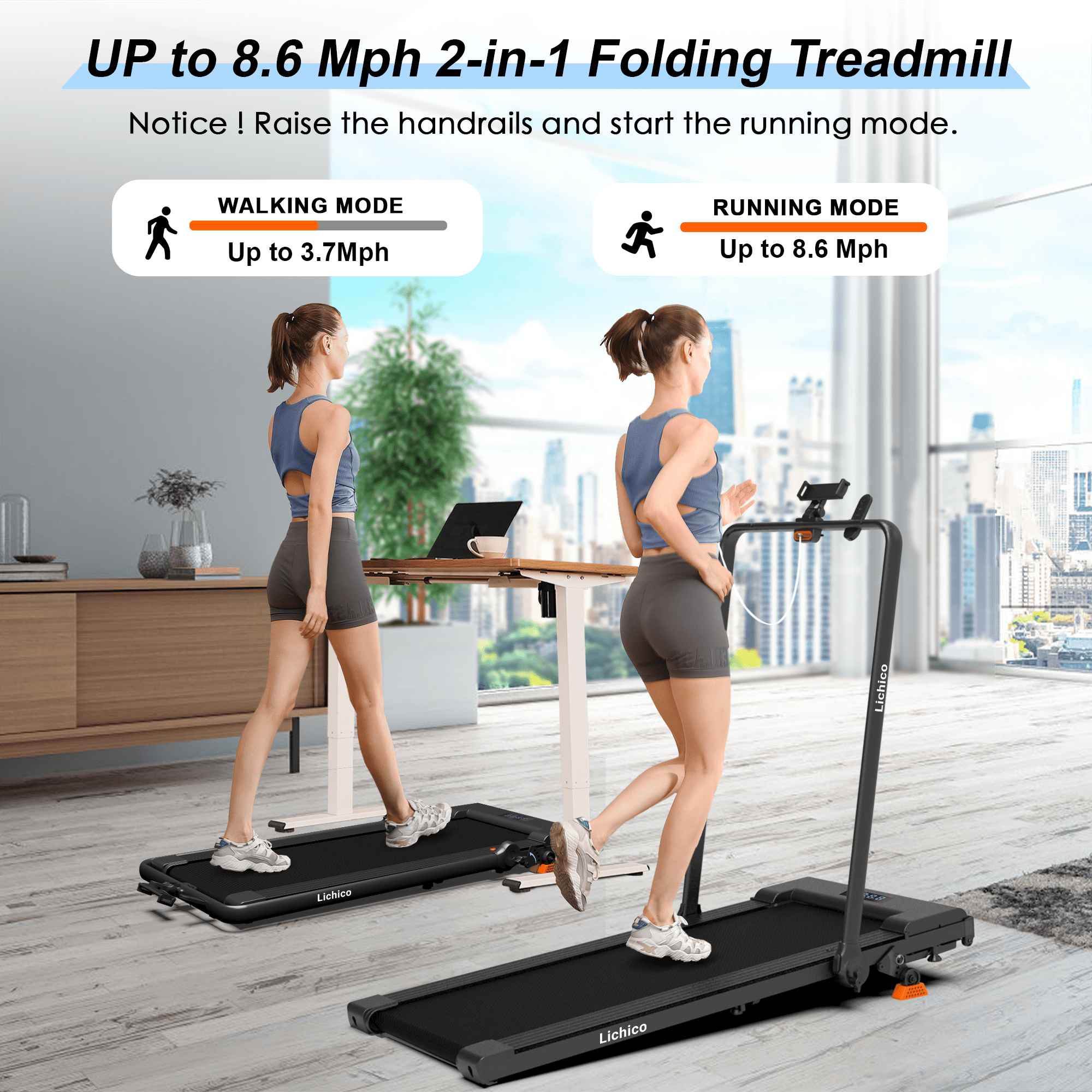 Lichico Under Desk Treadmill, Walking Pad 3.0HP Brushless Motor 0.5-8.7MPH Speed Range 2 in 1 Walking Machine w/Incline APP Remote, Larger Running Area, 2s Folding for Home.