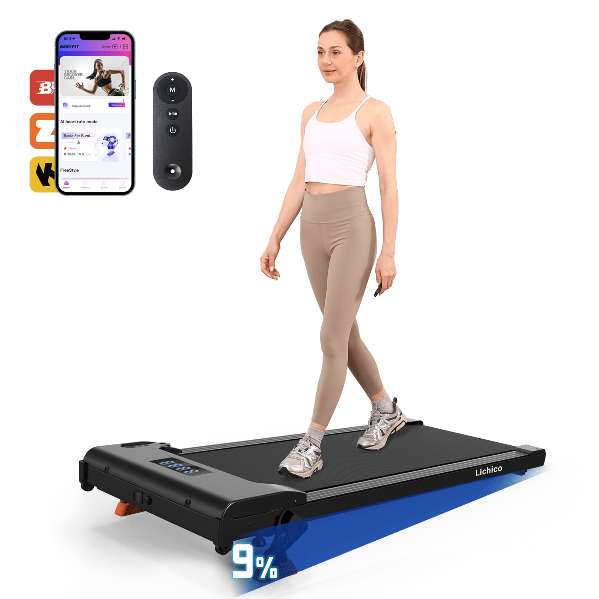 Lichico Running Treadmill Walking Pad w/Incline Remote Control for Home/Office, 2.5HP Brushless Motorized Compact Walking Jogging Machine Portable Treadmill with 0.5-4 MPH Speed Range.