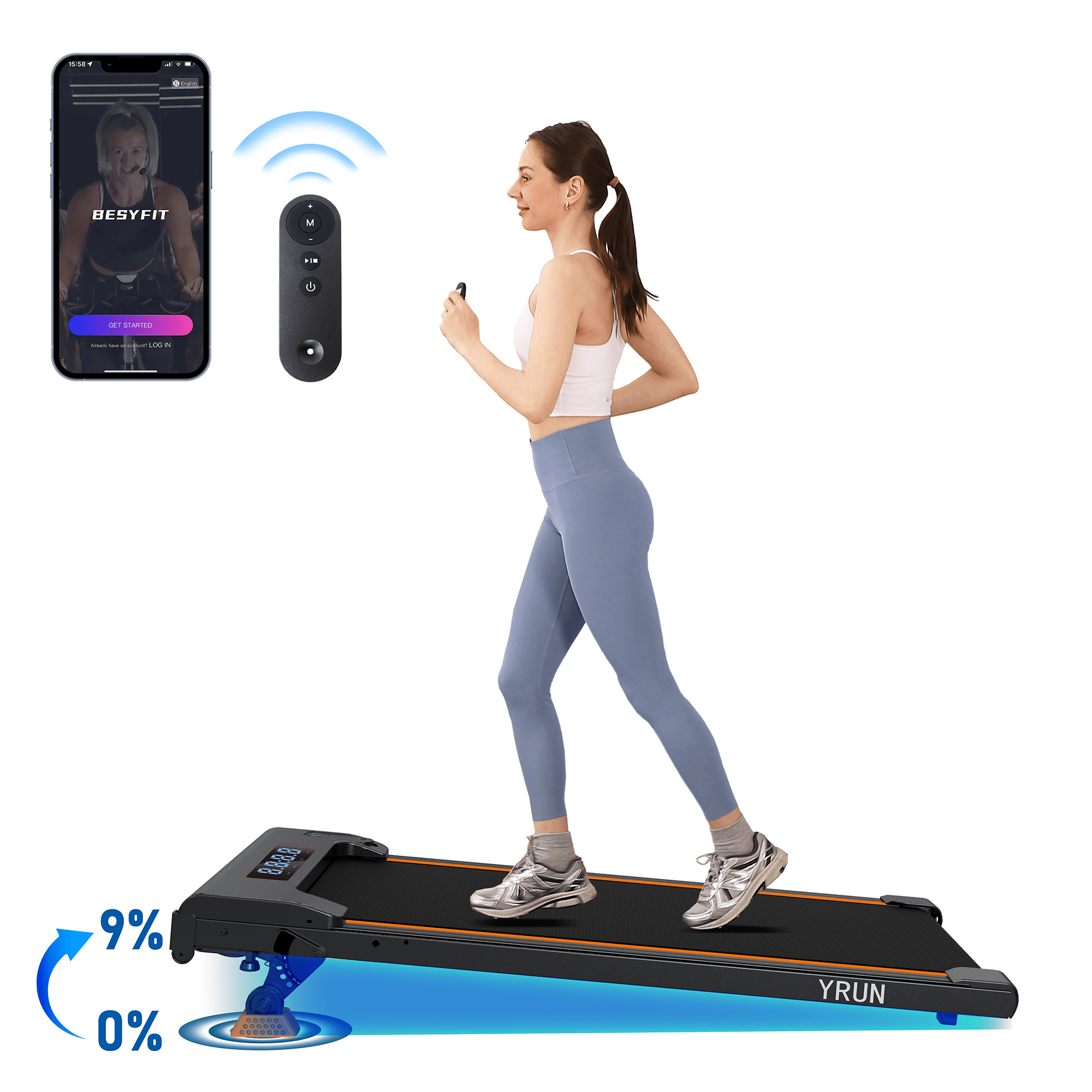 YRUN Walking Pad Under Desk Treadmill 0-9% Incline w/Remote Control and LED for Home/Office, 2.5HP Brushless Motor Compact Walking Jogging Machine Portable Treadmill