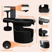 Detailed dimensions of universal cup holder: 3.63in inner diameter for mugs, 0-2.5in adjustable silicone gasket clamp, and drainage trough design.