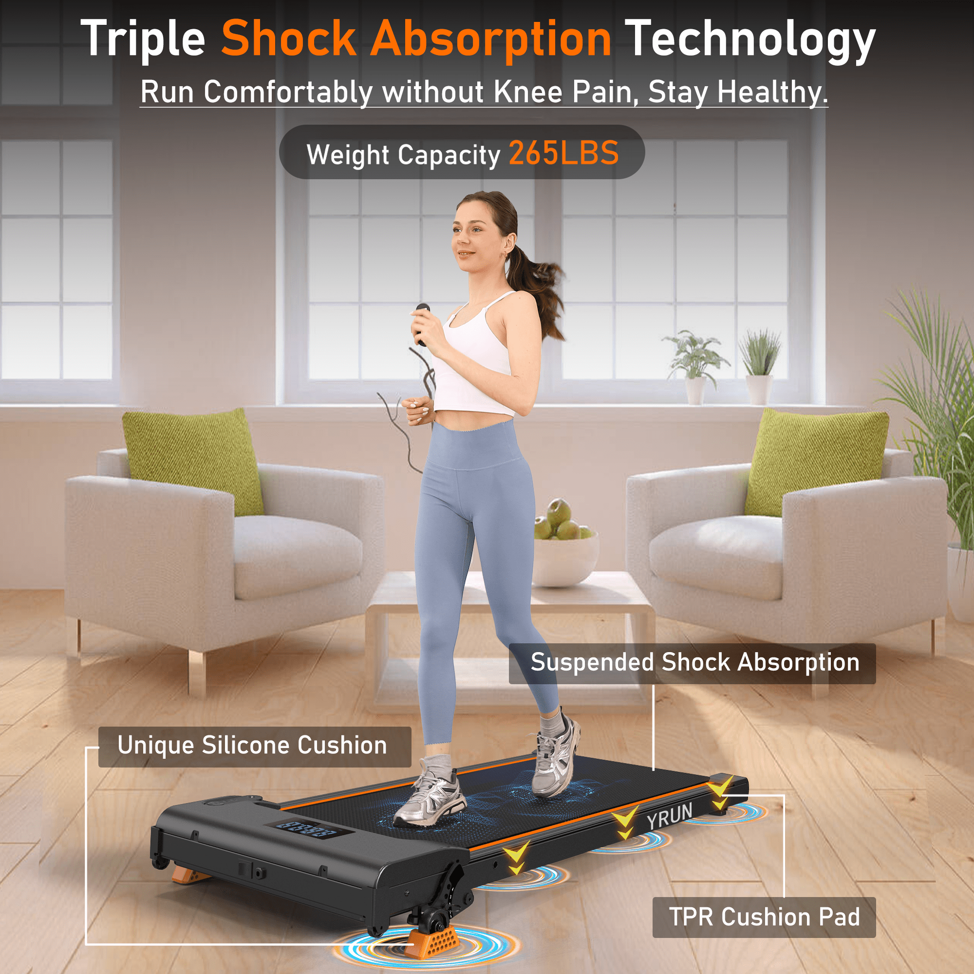 YRUN Walking Pad Under Desk Treadmill 0-9% Incline w/Remote Control and LED for Home/Office, 2.5HP Brushless Motor Compact Walking Jogging Machine Portable Treadmill