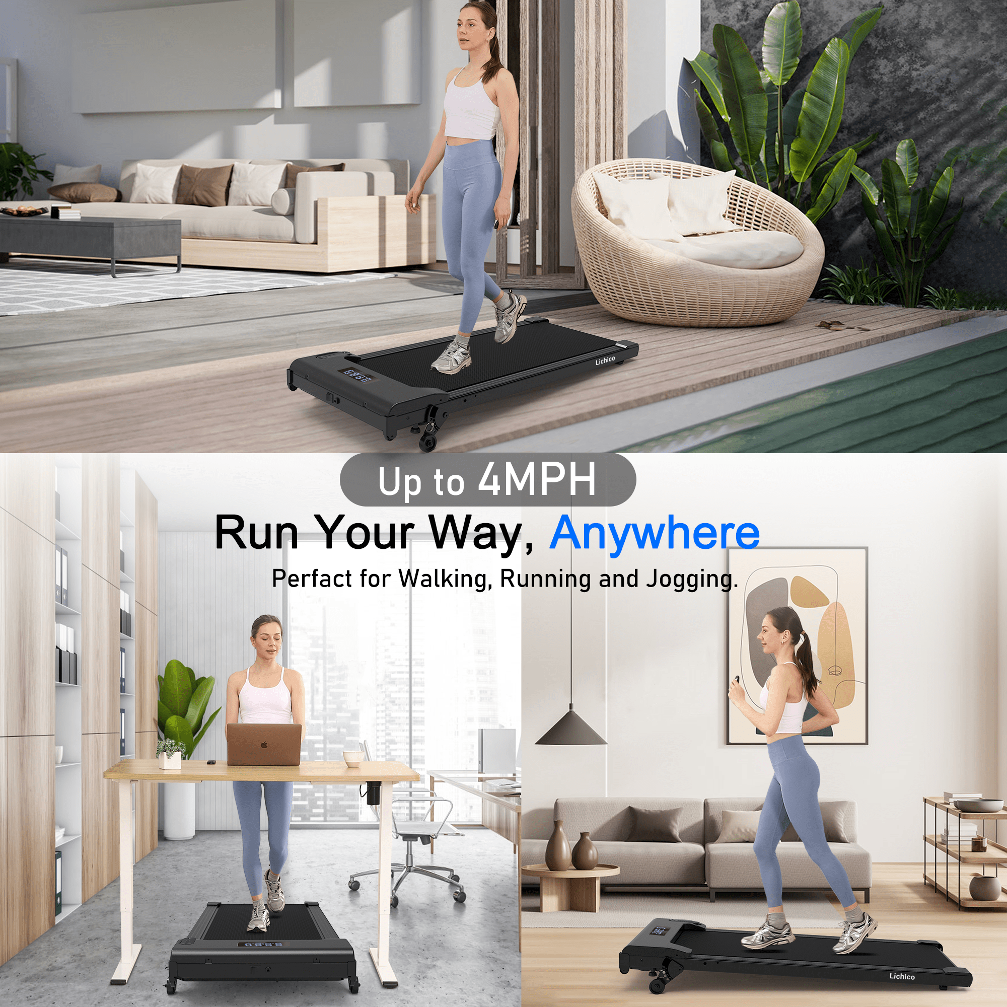 Lichico Running Treadmill Walking Pad w/Incline Remote Control for Home/Office, 2.5HP Brushless Motorized Compact Walking Jogging Machine Portable Treadmill with 0.5-4 MPH Speed Range
