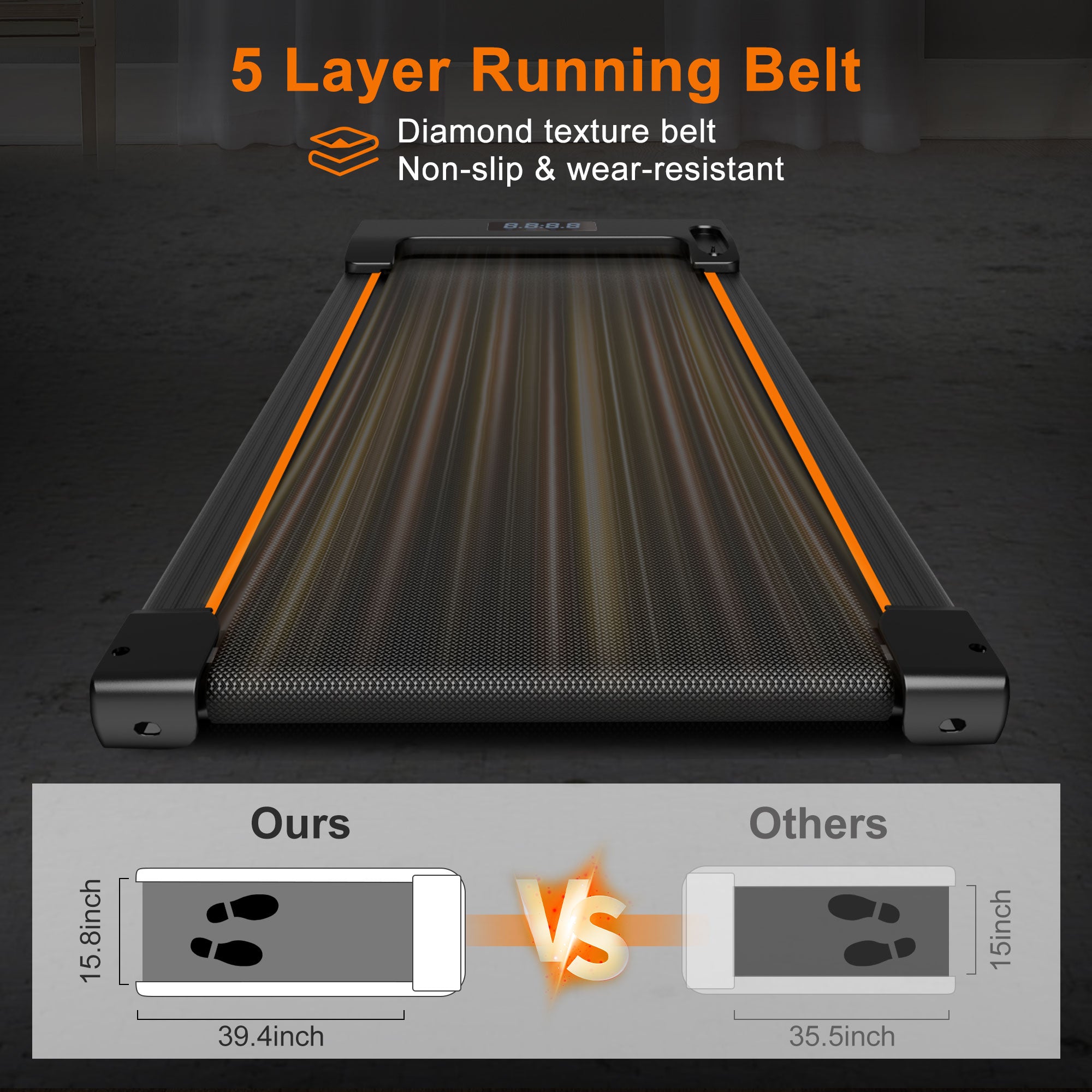5-layer diamond texture non-slip running belt with 15.8-inch wide walking area.