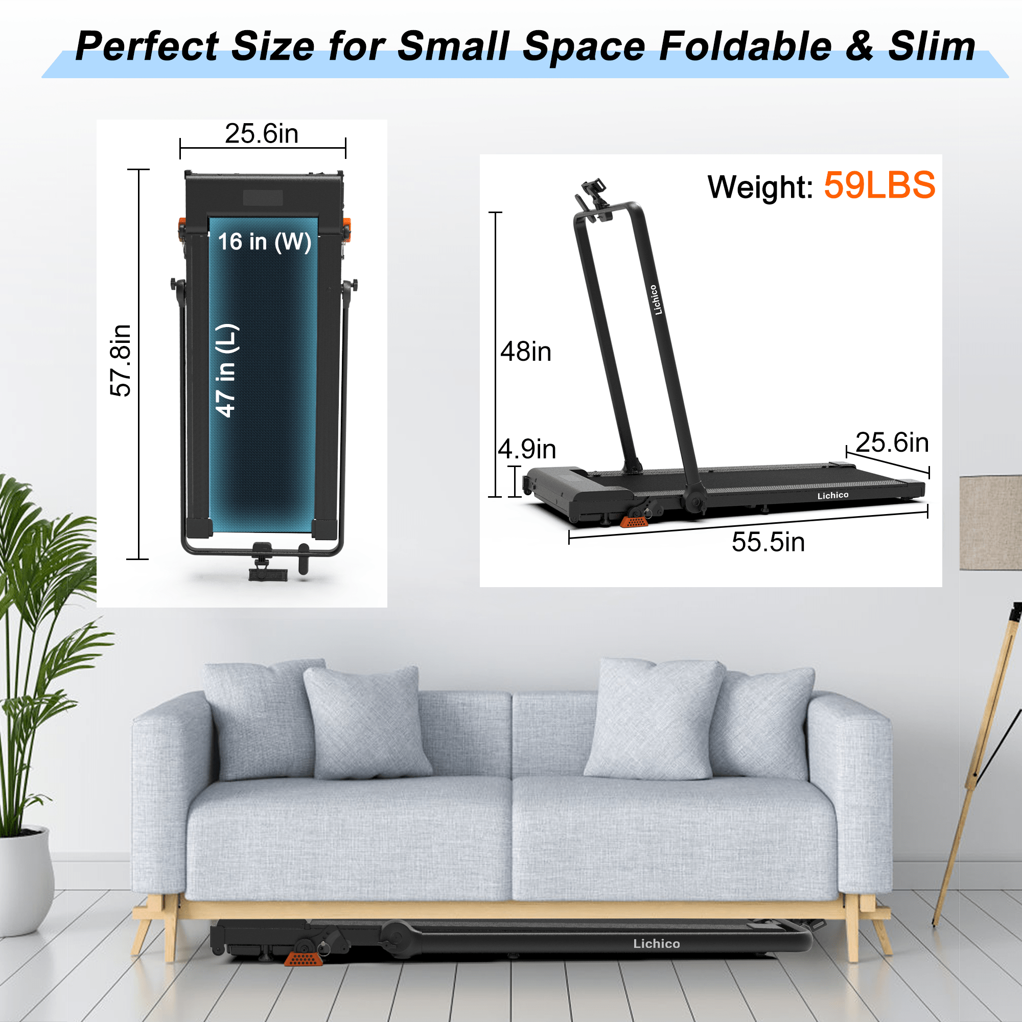 Lichico Under Desk Treadmill, Walking Pad 3.0HP Brushless Motor 0.5-8.7MPH Speed Range 2 in 1 Walking Machine w/Incline APP Remote, Larger Running Area, 2s Folding for Home