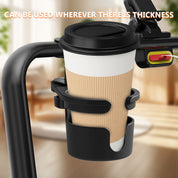 Water bottle holder attached to a treadmill handlebar.