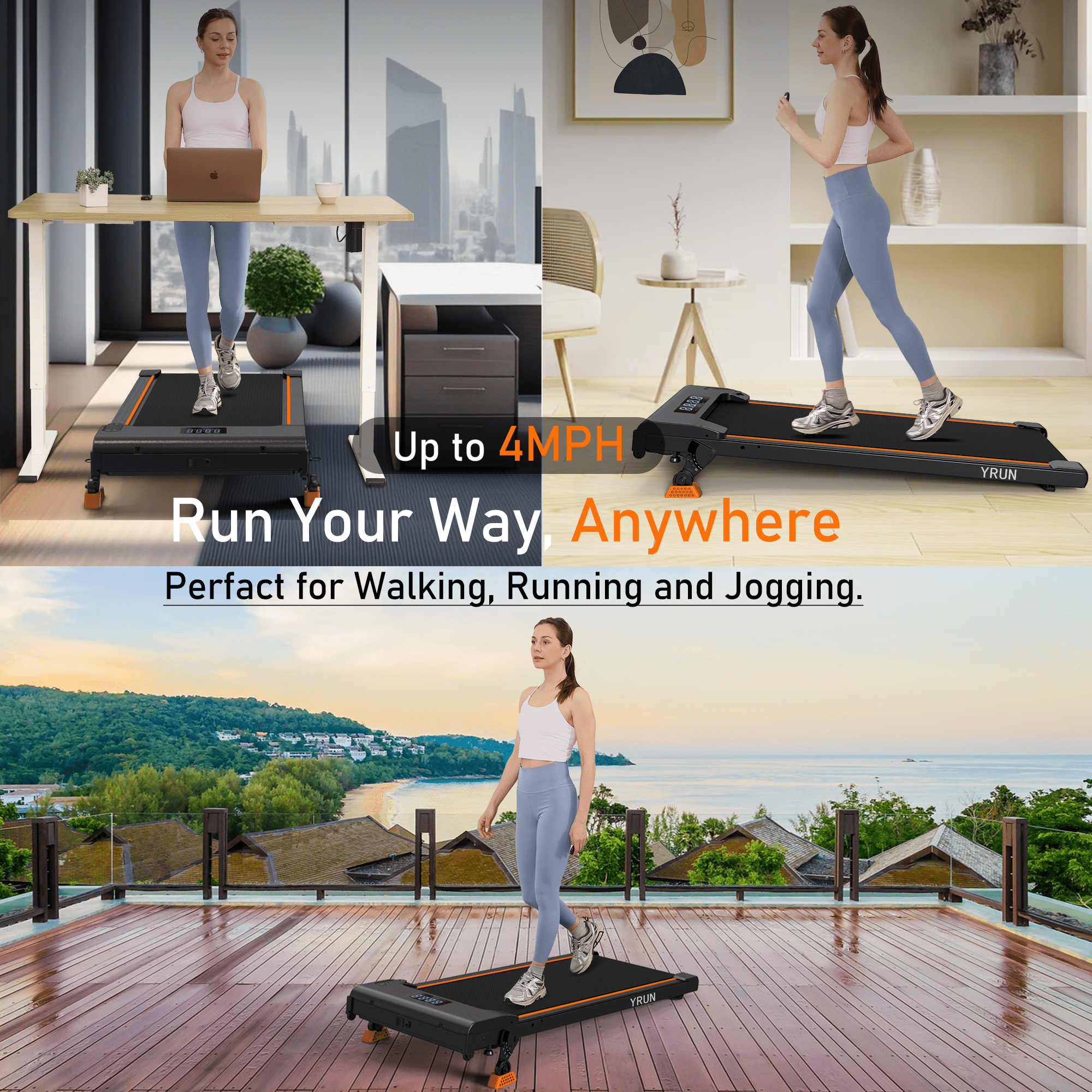 YRUN Walking Pad Under Desk Treadmill 0-9% Incline w/Remote Control and LED for Home/Office, 2.5HP Brushless Motor Compact Walking Jogging Machine Portable Treadmill