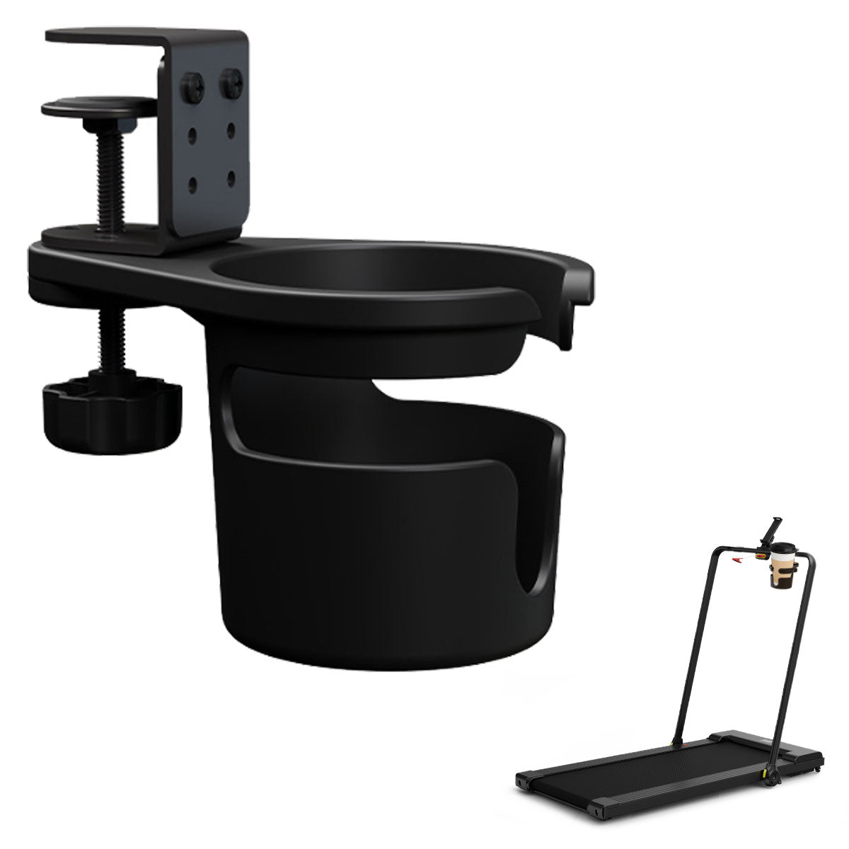 Universal clamp-on cup holder for treadmill and desk usage.