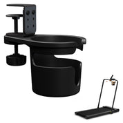 Universal clamp-on cup holder for treadmill and desk usage.