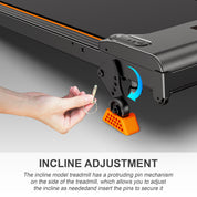 Close-up of the manual incline adjustment pin and orange base on the Lichico slope walking pad treadmill.