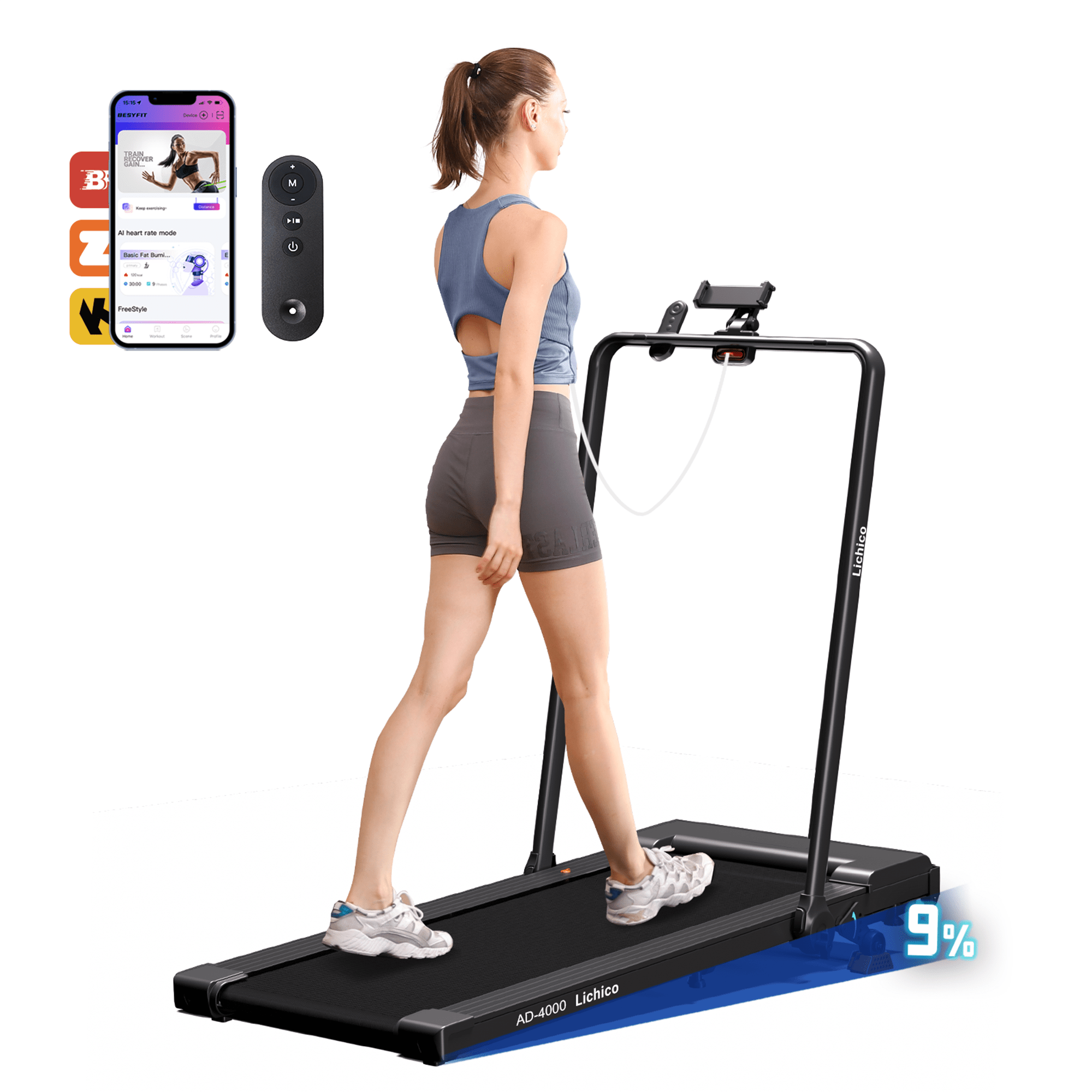 Lichico Under Desk Treadmill, Walking Pad 3.0HP Brushless Motor 0.5-8.7MPH Speed Range 2 in 1 Walking Machine w/Incline APP Remote, Larger Running Area, 2s Folding for Home