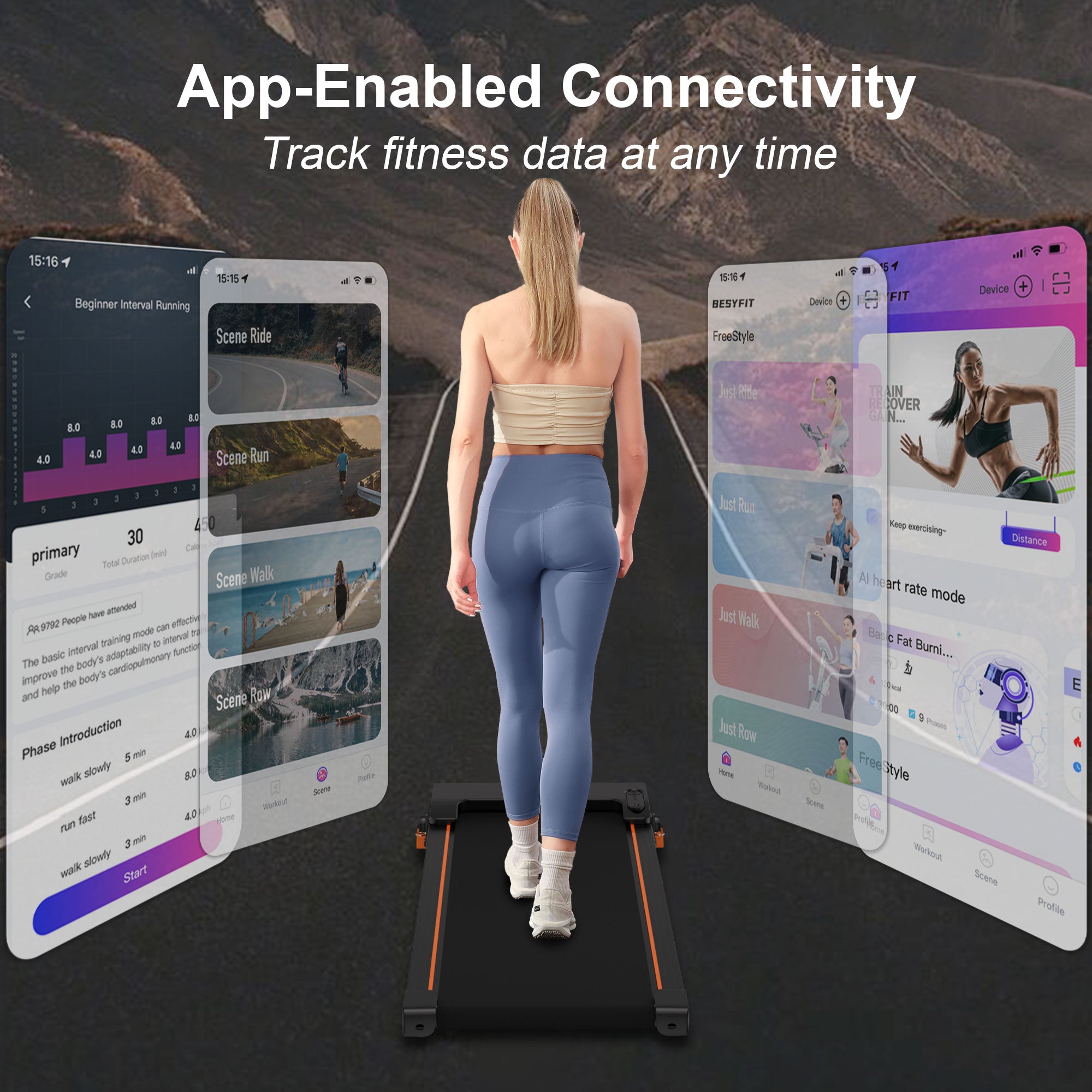 Smart app-enabled connectivity on Lichico walking pad showing BesyFit app for tracking real-time fitness data.