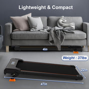 Ultra-thin 4-inch height walking pad dimensions shown stored under a sofa, weighing only 37 lbs for easy moving.