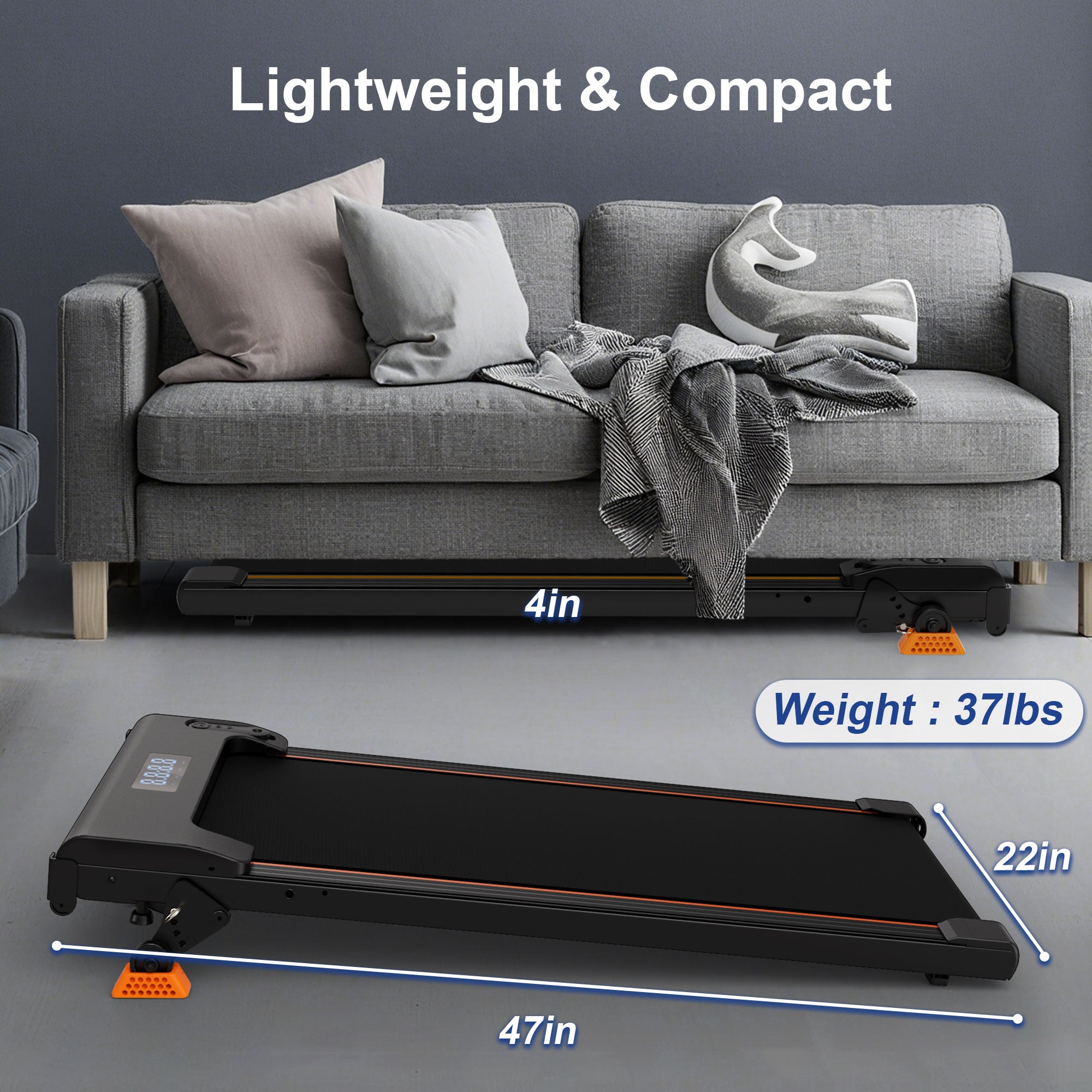 Ultra-thin 4-inch height walking pad dimensions shown stored under a sofa, weighing only 37 lbs for easy moving.