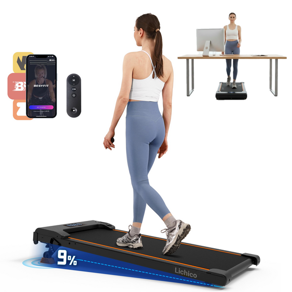 Lichico 9% incline walking pad with smart app and remote control, a versatile under desk treadmill for home fitness.