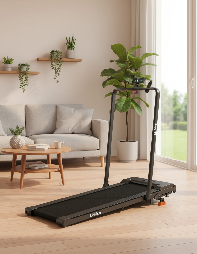 Lichico folding treadmill with adjustable handrail and LED display in a modern living room