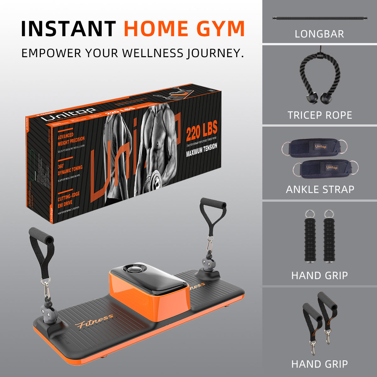 All-in-one home gym system with 220lbs resistance longbar tricep rope and ankle straps