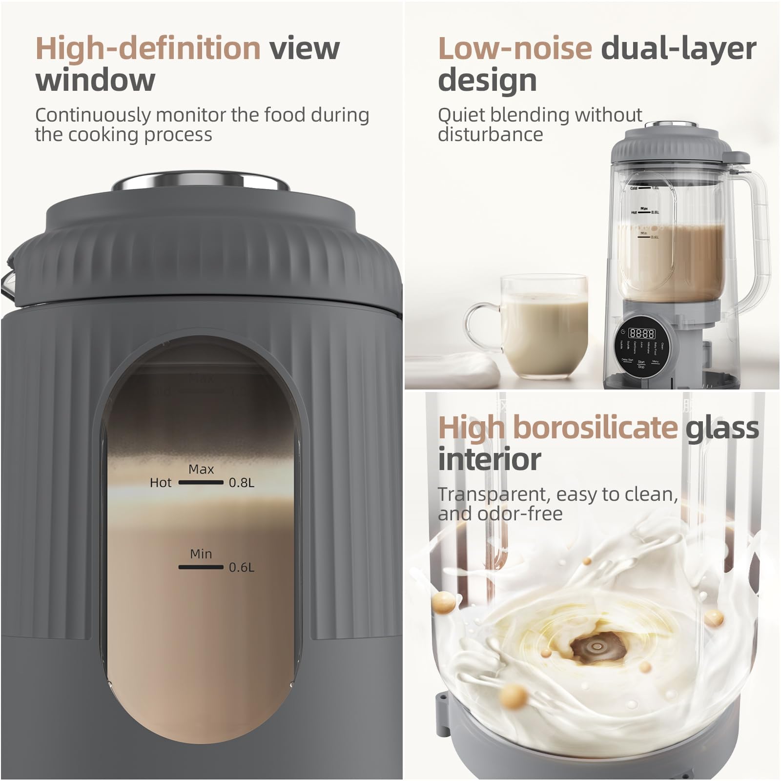 Detail of the low noise ditek and high-definition borosilicate glass design for safe and quiet milk making.