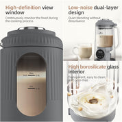 Detail of the low noise ditek and high-definition borosilicate glass design for safe and quiet milk making.