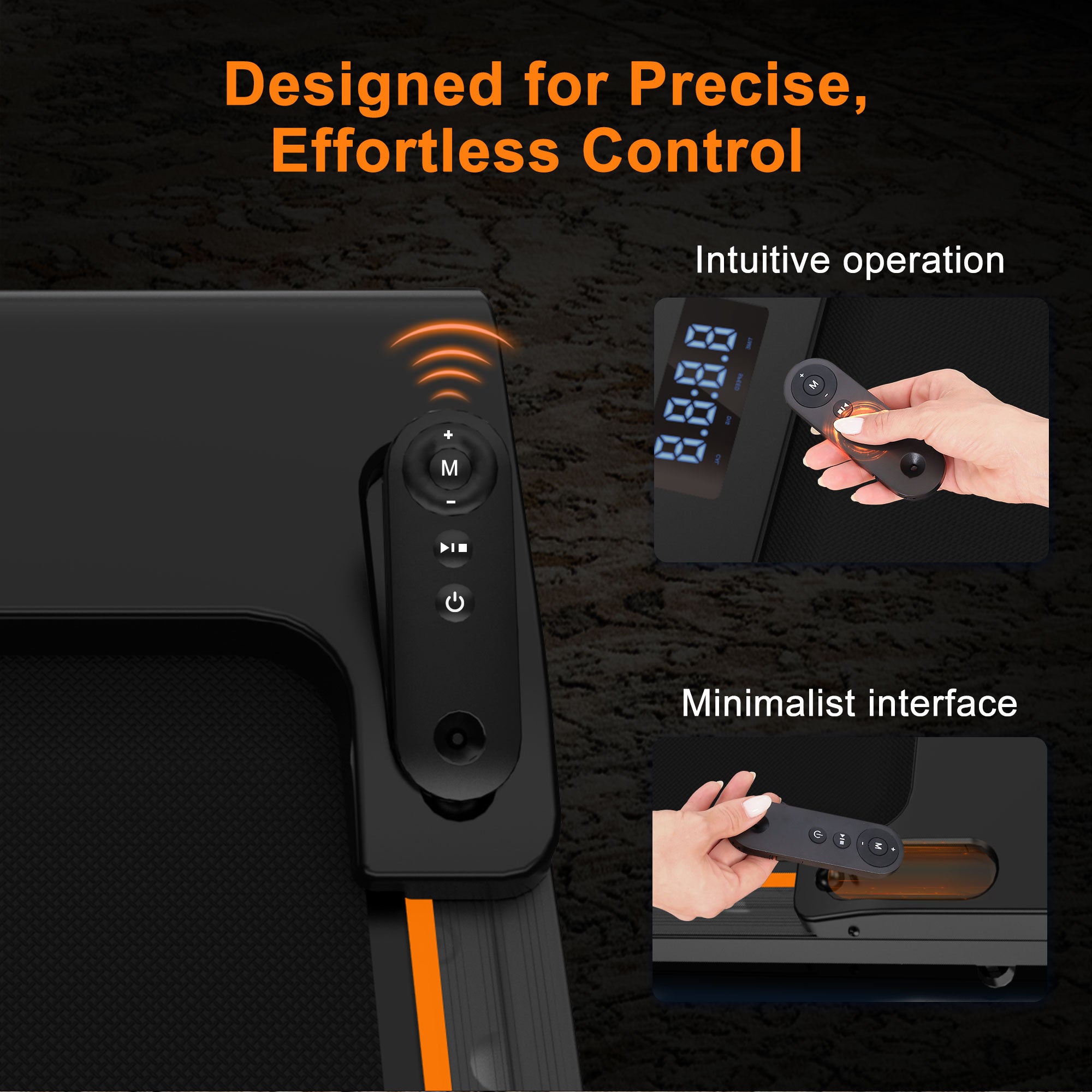 Minimalist remote control and intuitive operation interface for precise walking pad speed adjustment.