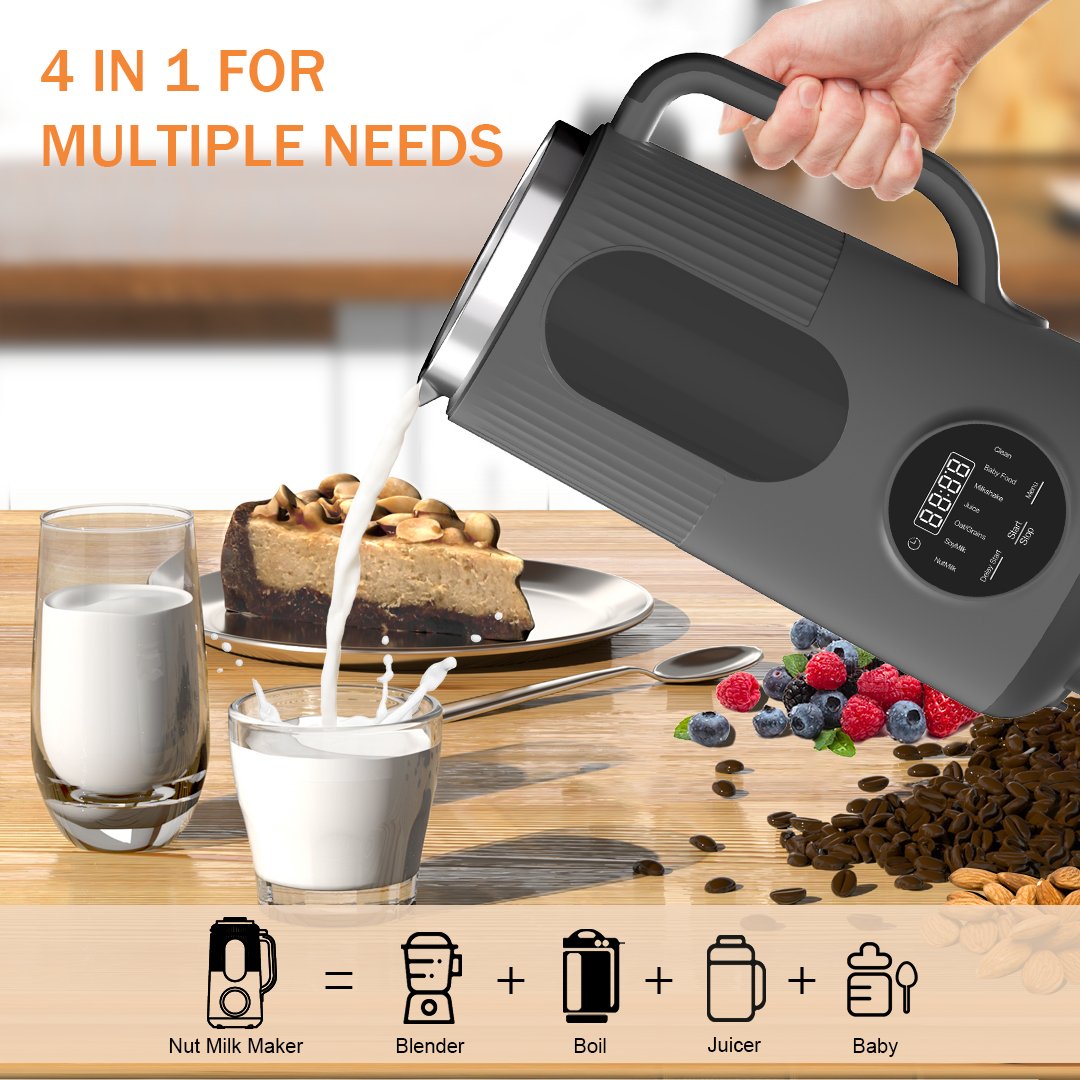 Infographic showing the multi-functional soy milk maker with presets for nuts, grains, and plant-based beverages.