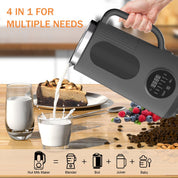 Infographic showing the multi-functional soy milk maker with presets for nuts, grains, and plant-based beverages.