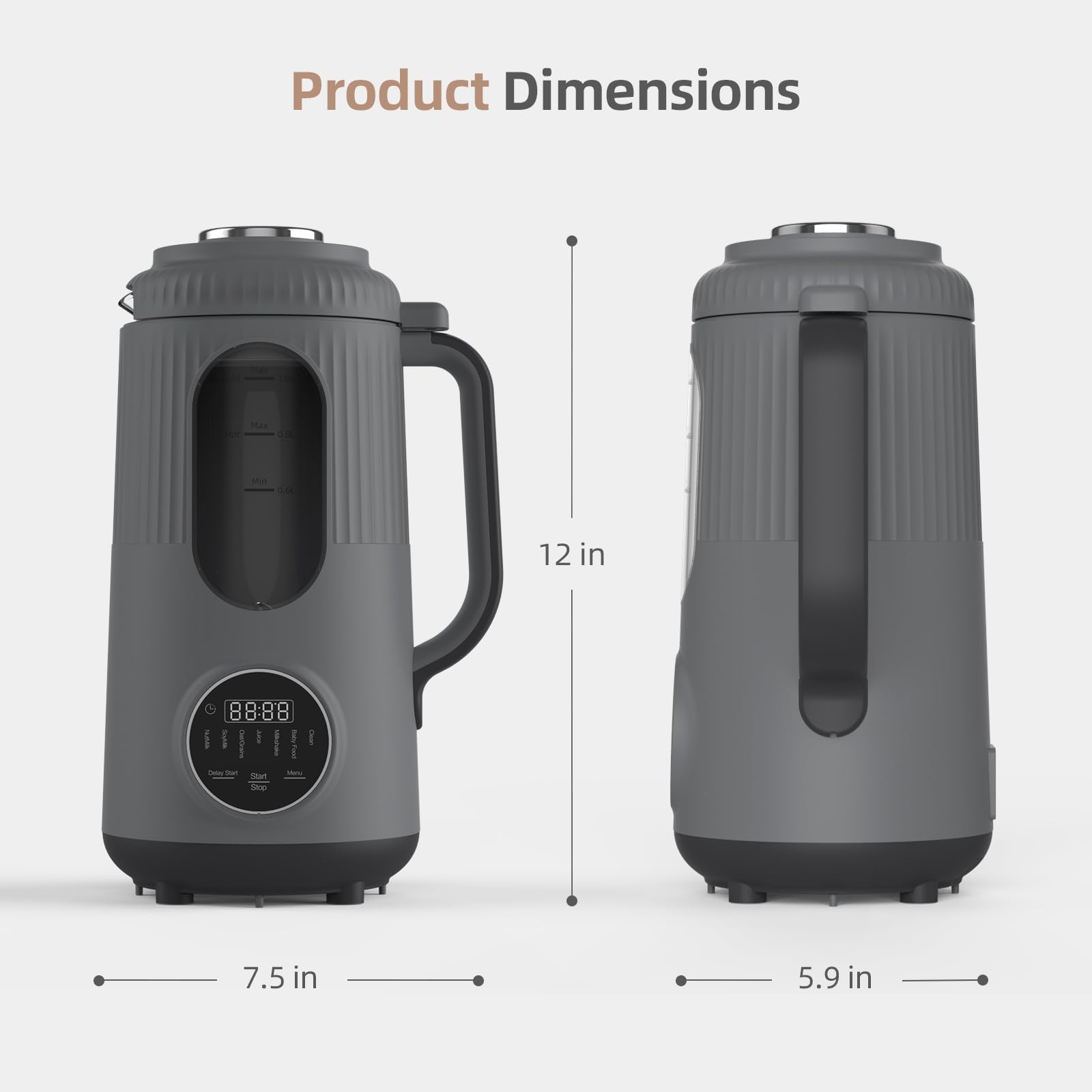 Technical drawing of the nut milk maker showing 12-inch height and large capacity design for families.