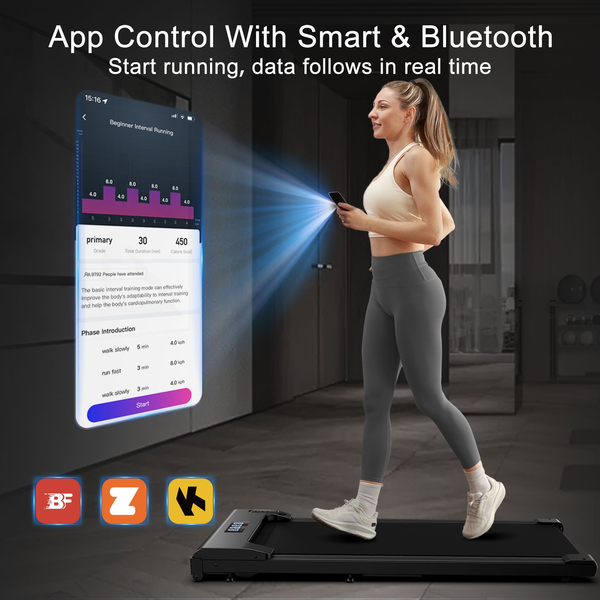 Smart Bluetooth app connectivity for real-time fitness data tracking on the portable treadmill.