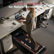 People using a quiet under desk treadmill during a video meeting in a home office.