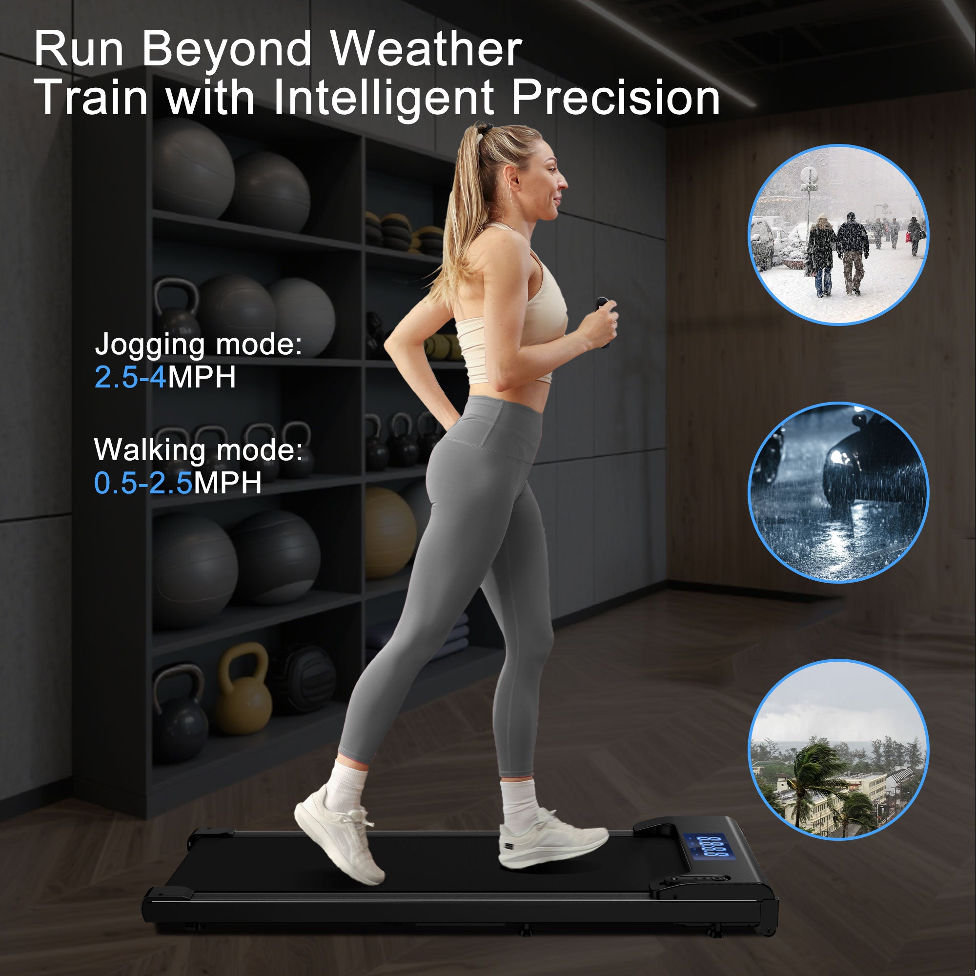 Adjustable speed modes for walking and jogging up to 4 MPH on a portable treadmill.