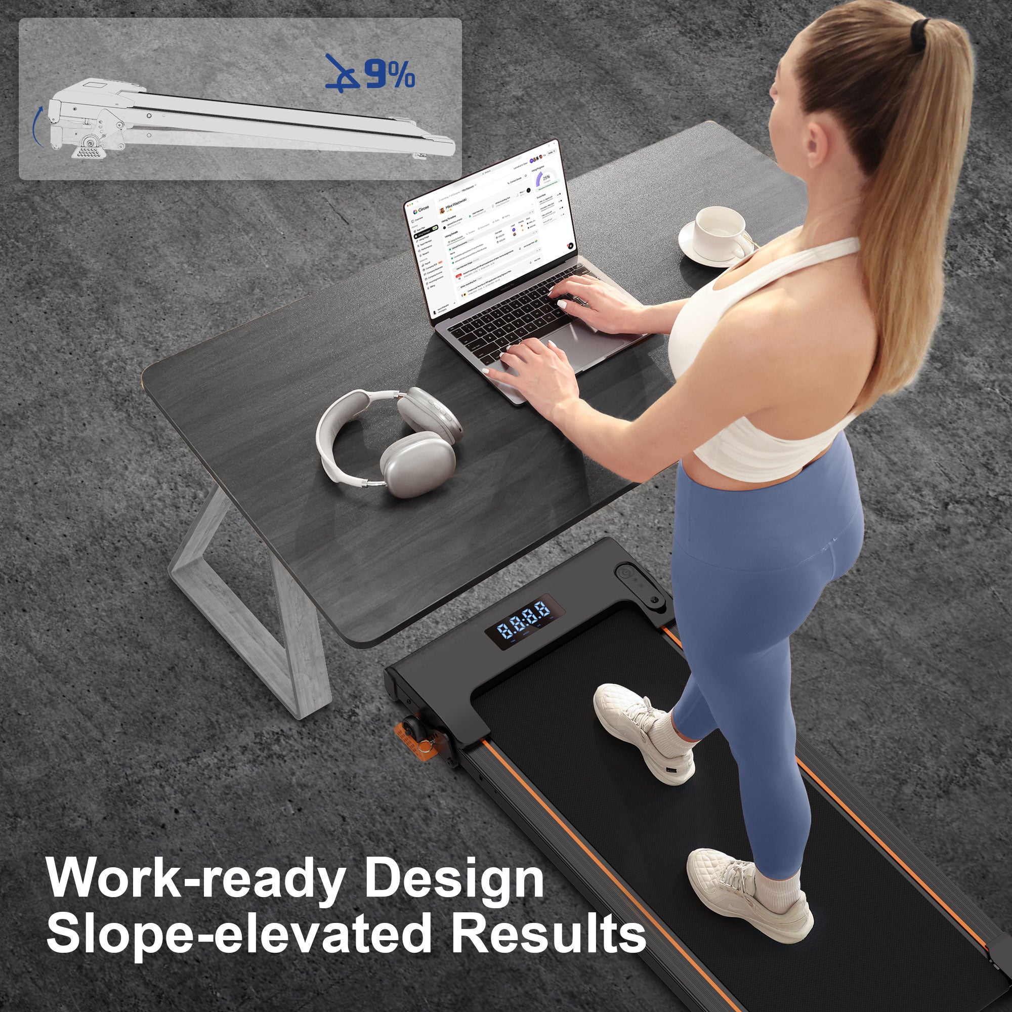 working on a laptop at a standing desk while walking on the Lichico incline treadmill for office productivity.